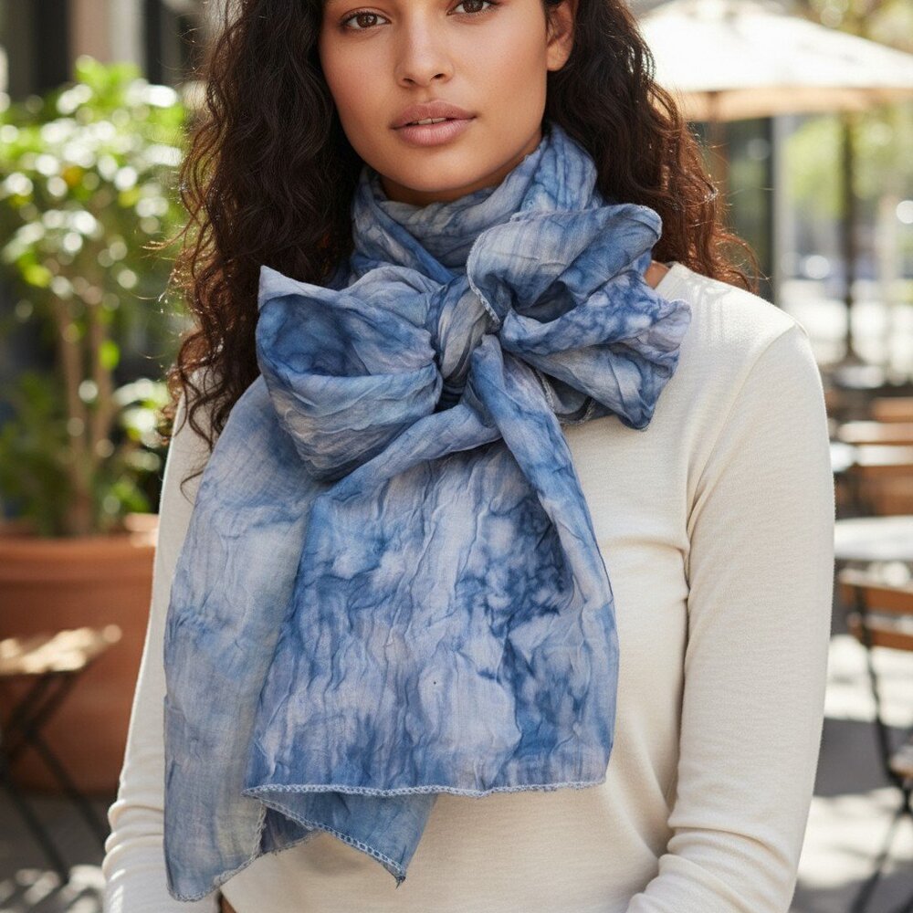VINTAGE EGYPT Crinkly Blue Reverse Tie Dye Scarf Wrap Hijab Crinkled Textured